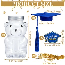 Jingmore 24 Sets Graduation Bear Jar with Graduation Cap, 2024 Grad Party Favor Graduation Plastic Candy Jars for Congrats, 13.5 oz DIY Graduation Congratulations Supplies for Kids Women Men