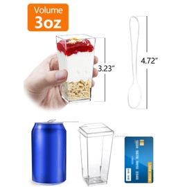 SHOPDAY 3 oz Mini Dessert Cups with Lids and Spoons 50 Pack, Small Plastic Dessert Cups for Party, Clear Square Cups for Parfait Yogurt, Shooter Cups Tumbler Cups for Appetizers Jello Mousse