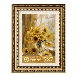 HappyHapi 5x7 Vintage Gold Picture Frame, 1 Pack Ornate Vintage Picture Frames for Wall or Tabletop Display, Gold 5x7 Antique Photo Frame for Wall DécorRetro Home Decor