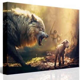 GUN SUPPLIES OUTLET LLC Christian Wall Art Jesus Running Towards Wolf and Lamb Pictures Jesus Art Wall Decor for Living Room Bedroom Church Decorations 8x10 inch