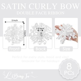 LiBongTa 5 Inch White Gift Bow Curly Ribbon Bows Set of 8, Double Faced Satin Ribbon Bow Premade Self Adhesive Bow Decorations for Party, Wedding, Holiday, Gift Bows for Crafts, Wine Bottle, Presents