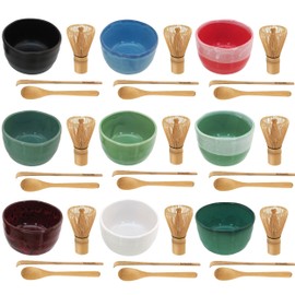 BambooMN Brand - Matcha Green Tea Whisk Set - Whisk + Scoop + Tea Spoon + Deep Red w/Black Bowl