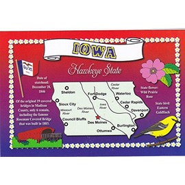 STATES1IOW - IOWA, Hawkeye State, Capital : DES MOINES, State Bird: Easter Goldfinch, Population: 3,107,126 - A U.S. State POSTCARD from Hibiscus Express