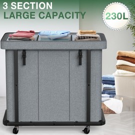 60 Gal (230L) High Grade Large Laundry Basket with Wheels, Rolling Laundry Hamper, Laundry Cart with Metal Frame and Removable Bag Design, Suitable for Laundry Room, Bedroom (Grey, 3 Section 230L)