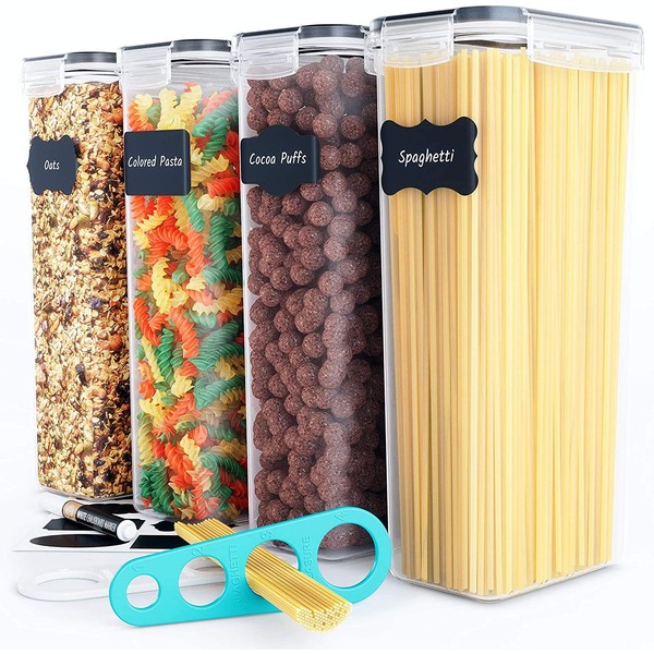 Chef's Path Airtight Food Storage Containers (Set of 4, 2.8L) - Tall for Pantry & Kitchen Organization, Pasta, Spaghetti, Noodles, Cereal - Lids, Noodle Measure and Reusable Labels Included