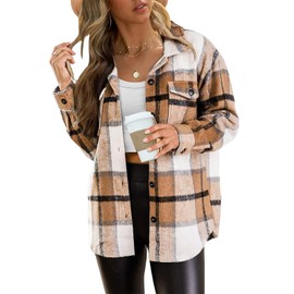 AUTOMET Womens Fall Outfits Fashion Clothes Shackets Flannel Plaid Button Down Long Sleeve Shirts Jackets Apricot S