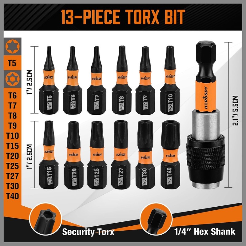 HORUSDY Tamper Proof Torx Bit Set, 13-Pieces T5-T40 Security Torx