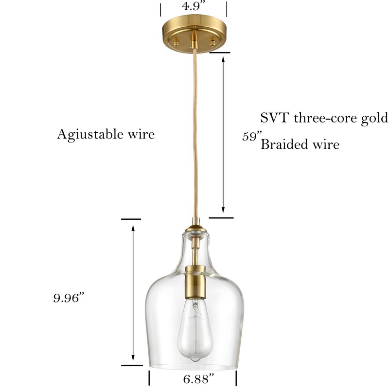 HYDELITE Modern Brushed Gold Pendant Light Fixtures Clear Glass Adjustable