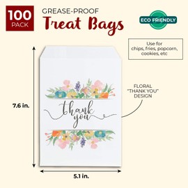 Juvale 100-Pack Floral Thank You Paper Party Favor Treat Bags for Cookies, Candy Buffet, 5 x 7.5 Inches