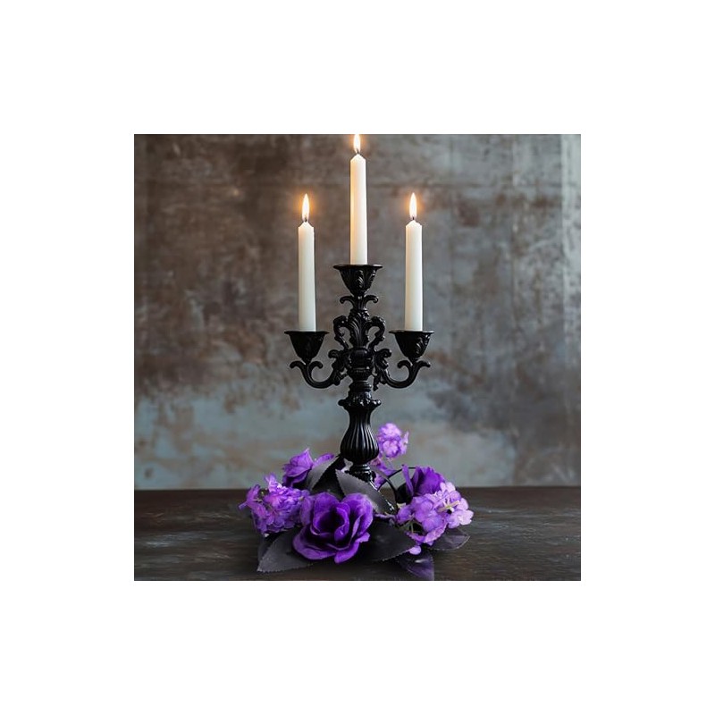 Gothic Halloween Candle Ring Wreath with Purple Roses, Black Leaves,