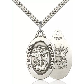 Bliss Sterling Silver Saint Michael Navy Military Medal Pendant Necklace 24" Chain