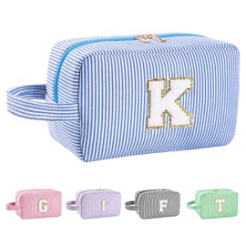 Huifen - Bolsa de maquillaje personalizada con inicial A-Z, bolsa de maquillaje grande, bolsa de maquillaje rosa, bolsa de aseo con cierre, organizador de maquillaje, regalos para mujeres, amigas, niñas, damas de honor, Azul, K