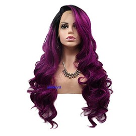 Xiweiya Lace Front Wigs Long Dark Purple Color Lace Wigs with Black Roots Side Part Purple Synthetic Lace Front Wigs for Women 22 Inch…