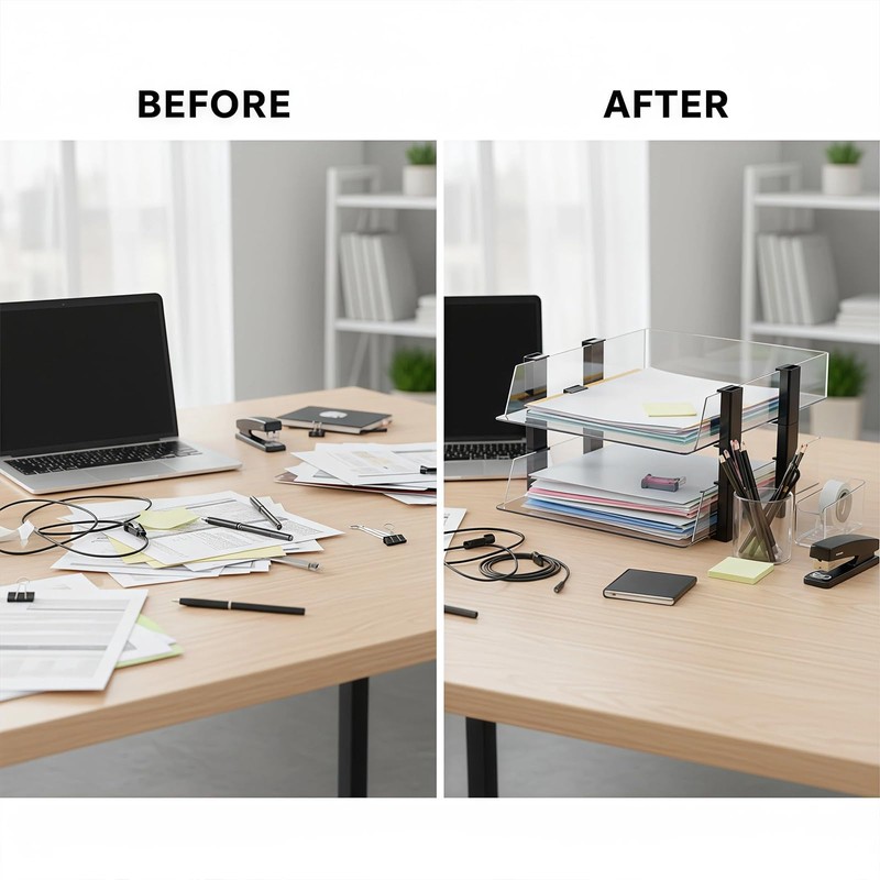 RHONZHAO Clear Stackable Paper Tray, 2-Tier Desk Organizer for Office