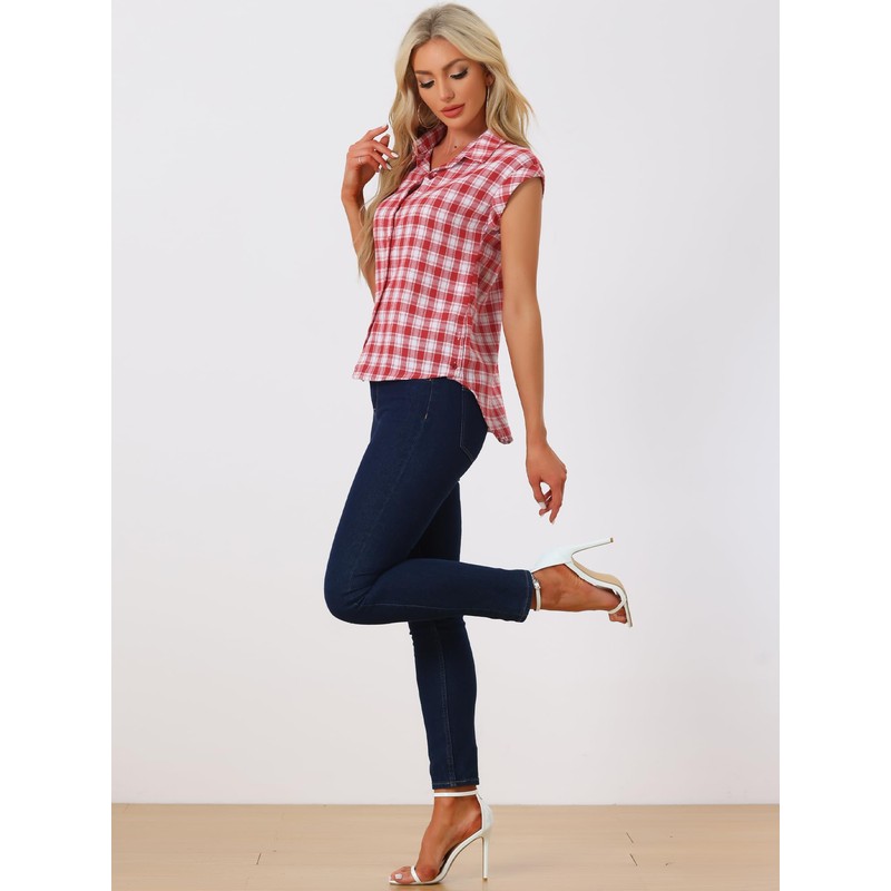 Allegra K Women's Summer Plaid Tops Casual Short Sleeves Western