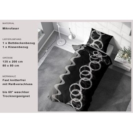Leonado Vicenti Microfibre Bed Linen 135 x 200 cm 80 x 80 cm 2-Piece Circles Black White Grey Wrinkle-Free Easy Care