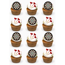 Darts Edible Cupcake Toppers Premium Wafer Card 24 Precut round Darts Party Fairy Cakes