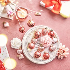 Valery Madelyn 16Pcs Valentine's Day Heart Shaped Ornaments Gift Pack, Valentines Craft Painted Tree Decorations, Pink Rose Gold Christmas Baubles Hanging Party Wedding Anniversary Decor 1.57 Inches