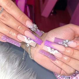 Long Press on Nails Purple Fake Nails Flower Butterfly Rhinestones designs Stick on Nails Glossy Full Cover Coffin False Nails Glitter French Tip Press ones for Women Glue on Nails 24pcs