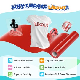 Likcut Heat Transfer Vinyl Red for T-Shirts 12" x 35ft Iron on Vinyl Roll Compatible with Likcut All Cutter Machine, HTV Heat Press Vinyl-Easy to Cut & Weed for Fabric Design