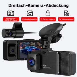 4K 3-Channel Dash Cam Front and Rear View, 5G WiFi Dash Cam, App Control, Night Vision, 3 Inch IPS Screen, G-Sensor, 24-Hour Parking Mode, Loop Recording, 64GB SD Card Included