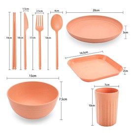 Wheat Straw 8pcs Set Kitchen Dinnerware Bowl Sets Dinnerware Tableware Dinner Plates Bowl Cup Plate Knife Spoon Fork Chopsticks Flatware (Orange)
