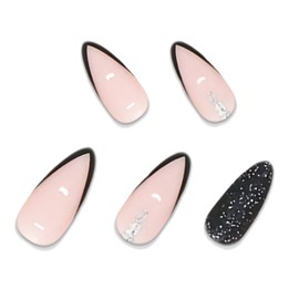BABALAL Almond Press on Nails Medium Fake Nails Black Glue on Nails French Tip Acrylic Nails 24Pcs Stiletto Stick on Nails Bling Nails