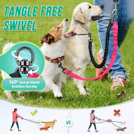 SlowTon Double Dog Leash Coupler, No Tangle 360° Swivel Dual Leashes for Walking 2 Dogs, Adjustable Length Reflective Splitter Leash for Training, Small, Medium & Large Two Dogs(Black&Pink)