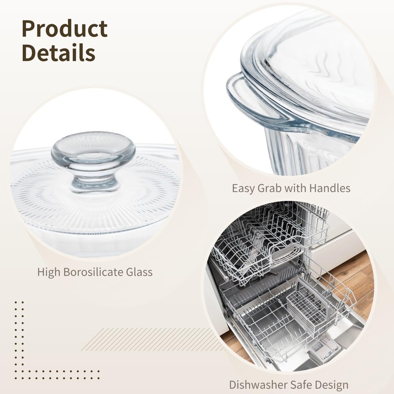 1.9 QT Oval Glass Casserole Dish with Lid and Handle,