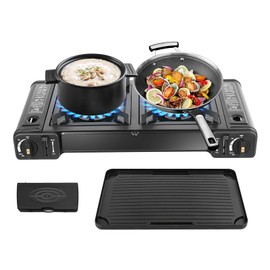 JAYGOVAN 2-Burner Butane Camping Stove, Push-Button Instant Ignition, Portable Camp Grill, Adjustable Burners,Auto Ignition Camping Burner LPG for Beach Cookouts,BBQ (include Baking tray)