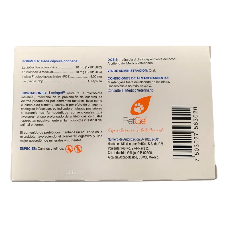 Lactopet Oral 20 Cápsulas Lactobacilos Probióticos y Prebióticos
