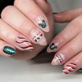 24Pcs Christmas Press on Nails Medium Almond Nails Christmas Fake Nails with Nail Glue Red Green Glitter Glossy Acrylic Nails Design Winter Holiday Xmas False Nails Stick on Nails for Women Girls