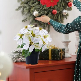 WOBUBU Poinsettia Plants Artificial 9 Heads 14 Inch Fake Poinsettias Christmas Flowers in Pot for Home Porch Office Indoor Outdoor Christmas Winter Decorations White