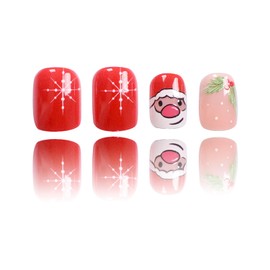 Christmas Red Press on Nails Short Square Cute Cartoon Santa Claus False Nails Snowflake Design Xmas Nail Full Cover Coffin Nails Winter Artificial Stick on Nails Glossy Glue on Nails for Women