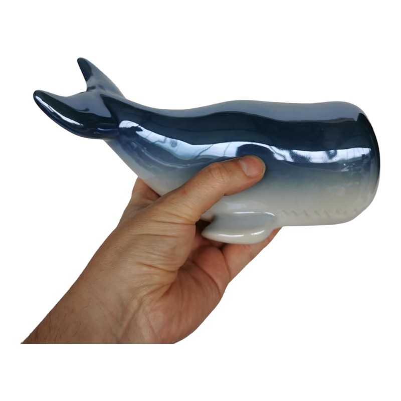 Goldbach Ceramic Whale, 24 cm, Blue Glazed Maritime Decorative Figurine,