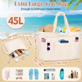 JUYANO Women's Large Beach Bag XXL Family with Zip, Waterproof Swimming Bag, Women's Foldable Versatile Tote Bag, Shopper Bag, Sauna Bag for Beach, Pool, Shopping, Travel, 45 L, Beige1