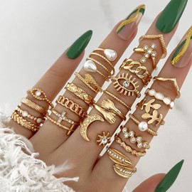 Konxi Gold Adjustable Rings Set 29-31 Pieces Stackable Vintage Rings Vintage Punk Ring Set for Men Women Boho Chunky Ring Gold Women, Metal, No Gemstone