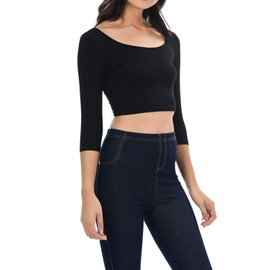 Auliné Collection Womens Trendy Solid Color Basic Scooped Neck and Back Crop Top 3/4 Sleeve Black Large