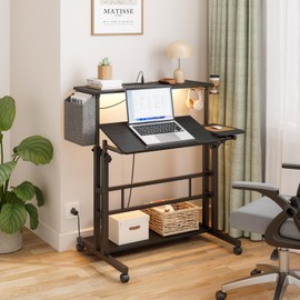 Dripex Mobile Standing Desk with Power Outlets & Strip Lights, Rolling Computer Desk with Cup Holder, Hook, Storage Bag, Adjustable Height Laptop Desk with Wheels, Small Standing Desk Drawing Desk