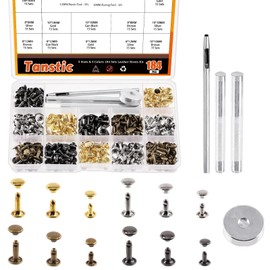 Tanstic 184Pcs Leather Rivets Kit, 3 Sizes 4 Colors Double Cap Rivets Flat Tubular Metal Studs with Setting Tool Kit for Leather Craft Repair Decoration(Silver/Gun Black/Bronze/Gold)