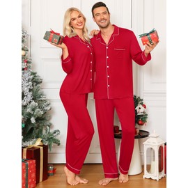 SWOMOG Couples Christmas Pajamas Set Women & Men Matching Pjs Set Long Sleeve Loungewear Holiday Sleepwear for Couples Women Red - Solid Medium