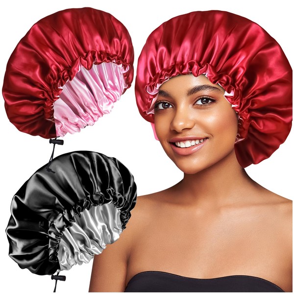 2pcs Reversible Large Satin Bonnet for Sleeping, Adjustable Drawstring Silky