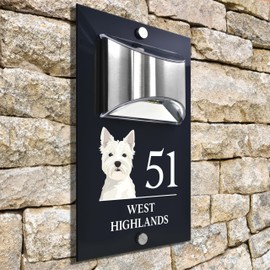 Custom Signs Solar Illuminated Modern Anthracite House Number Sign 24cm x 14.5cm Westhighland Terrier Grey Front Design