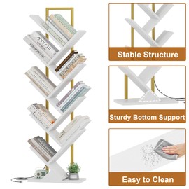 Qupui Tree Book Shelf with LED Lights, 9 Tier Floor Standing Bookcase, Classical Corner Shelf Kids Bookshelf, Tall Wood Book Storage for Bedroom, Living Room, Home Office, White
