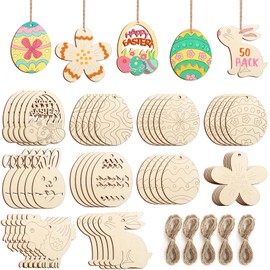 Hinsly Pack of 50 Wooden Pendants Easter Crafts Children Unfinished Easter Eggs Rabbit Chicken Flower for Hanging Easter Decoration Wood