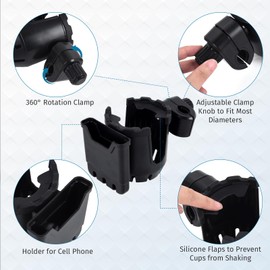 Scooter Cup Holder, Electric Scooter Accessories, Anti-Slip Accessories Fit for Most Scooters, 2-in-1 Drink & Phone Holder Attaches to Scooters and Walkers, Tool Free Installation and Fast Dismounting