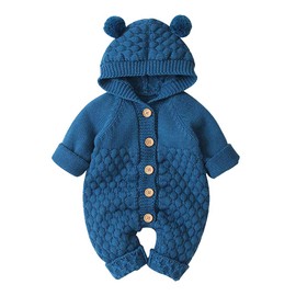 OBEEII Infant Baby Boy Girl Knitted Hoodie Bear Ear Hooded Jumpsuit Overalls Bodysuit Deep Blue 6-12 Months