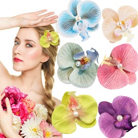 Orchid Flower Hair Clips for Women Hawaiian Flower Alligator Clips for Women and Girls Beach Party Photo shoot Hair Accessories 6 pcs