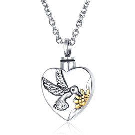 QeenseKc Hummingbird Urn Necklace for Human Pet Ashes Heart Cremation Keepsake Memorial Locket Pendant with Gold Sunflower, UR_DL_Hummingbird