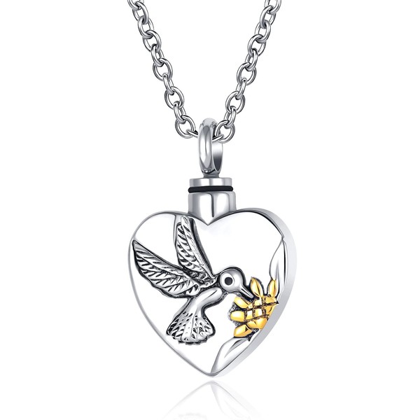 QeenseKc Hummingbird Urn Necklace for Human Pet Ashes Heart Cremation